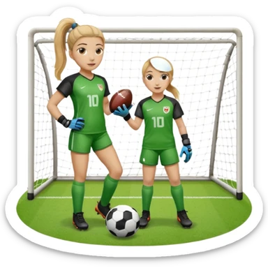 Make a dirty blonde football goalkeeper with goalkeeper gloves on holding a football. The girl is light skinned and wearing a football kit and football shoes. Standing in front of football goal. Wearing a ponytail with the dirty blonde hair. Without a American football ball sticker