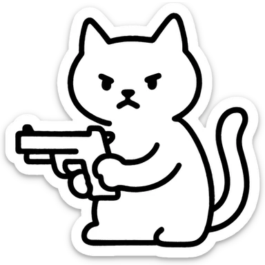 hand-drawn outlined icon of a cat holding a gun sticker
