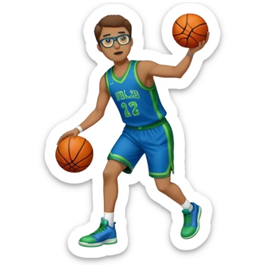 full body brown hair white male basketball player wearing glasses in blue an green uniform sticker