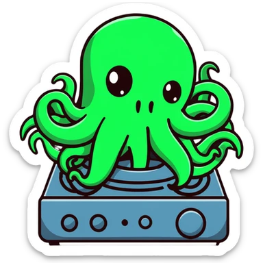 Lovecraftian Cthulhu monster with tentacle face operating audio equipment sticker