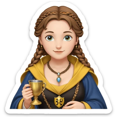 Helga Hufflepuff, blue eyes, brown-haired, two brown braids, yellow-black medieval open dress, black cloak decorated with gold braiding, tiny gold cup with two handles, very kind smile, curvy busty sweet woman, macromastia, round ruddy face, black, gold pendant with round black stone, deep neckline sticker