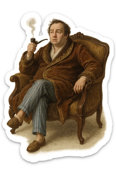 Герой Обломова в слегка рисованном, но при этом реалистичном и объемный стиле,  со слегка растерянным видом в дорогом халате развалился на дорогой кушетке 19 века, прозрачный фон sticker