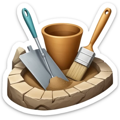 An icon showing an archaeologist’s tools: a trowel, brush, and a partially uncovered ancient artifact like a vase or tablet. The design includes a sandy excavation site with ruins in the background, symbolizing the discovery of past civilizations. Transparent background  sticker