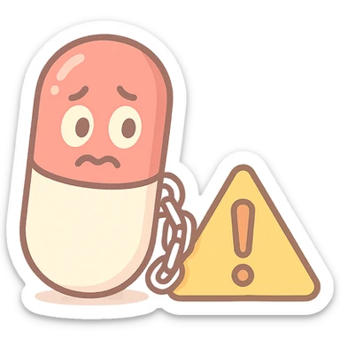 pastel toon style cartoon icon of a red medicine capsule with a chain, anxious eyes, warning sign sticker
