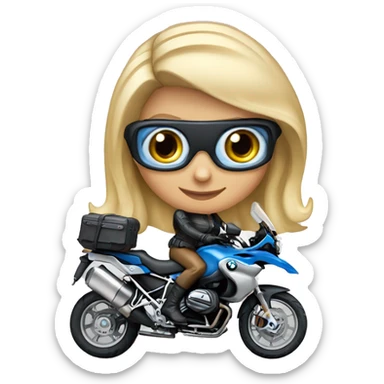 blond lady, 50 years, blue eyes on motorcycle bmw gs 700, wearing helmet sticker
