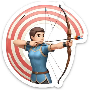 An archer drawing a bow and aiming an arrow at a target, with perfect focus and precision. The target is visible in the background, featuring concentric rings. The scene captures the concentration and skill involved in archery, emphasizing the elegance and accuracy of the sport. sticker