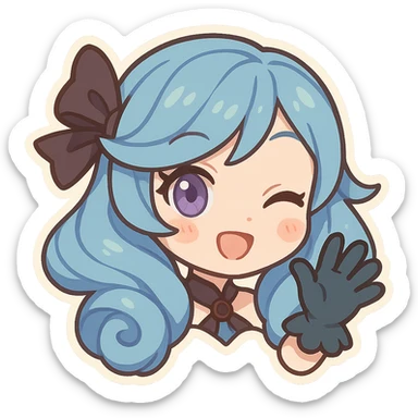chibi style Gwen from League of Legends, only head, right eye purple, one hand waving with glove, playful expression sticker