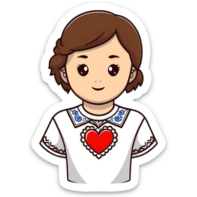 beautiful young girl with brown hair wearing a white Ukrainian embroidered shirt with a big heart design sticker