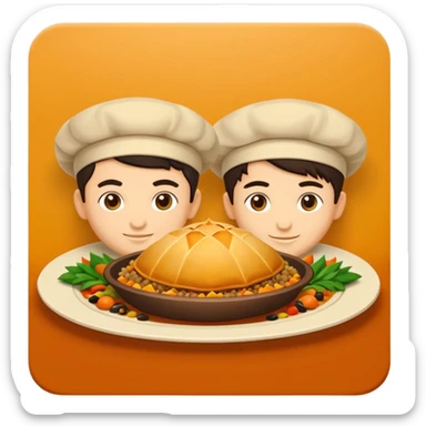 Uzbek cuisine avatar in bright emoji-style illustration. Classic dishes like plov and samsa, warm golden and earthy tones, simple shapes, flat design, high contrast, friendly and appetizing. sticker