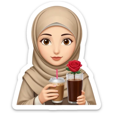 Turkish beautiful finish Konya girl eyes with beige hijab islamic dress and had on her hand Rose Cold brew coffee   sticker