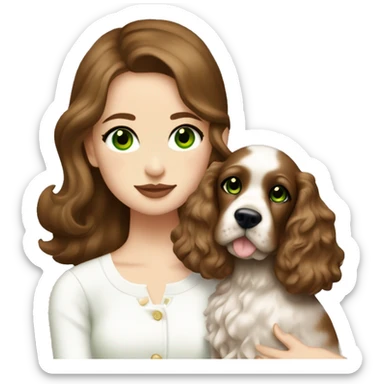 Girl with brown hair and plump lips and green eyes wearing white miu miu longsleeve hugging brown cocker spaniel sticker