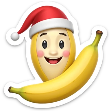 A 3D cartoon banana with a red nose and tiny hat, smiling face, playful pose, Memoji-style. sticker