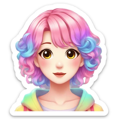 Gorgeous anime style shojo character with blushing face aesthetic and pretty colorful shiny gradient neon rainbow hair with hair garment trending style sticker