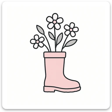 a rain boot filled with blooming spring flowers, flat pastel illustration style sticker