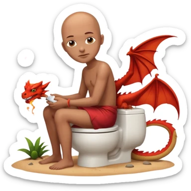 Una persona sin pelo sentada en un vater en una isla de sierta con un dragón escupiendo fuego sticker