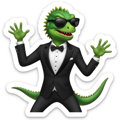 capitalist iguana banker in tuxedo and black sunglasses dancing crazy sticker