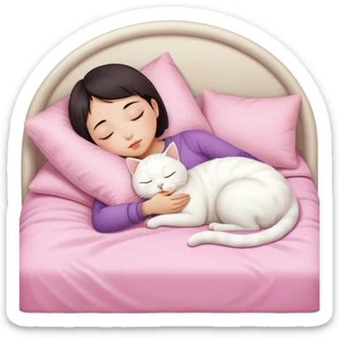 White cat sleeping with Asian girl short hair in pinky bed  sticker