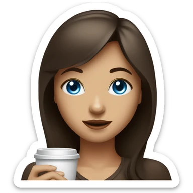a girl with blue eyes with bangs on dark brown hair drinks coffee sticker