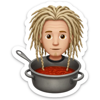 a white man with dreadlocks immersed in a pot of sauce sticker