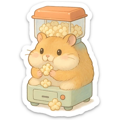 kawaii soft fluffy hamster designed as a popcorn machine appliance-animal hybrid, with puffed cheeks, holding popcorn, soft pastel colors, full-body, 电器拟动物风格 sticker