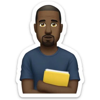 kanye west wearing a dark blue T-shirt, holding a yellow notepad sticker