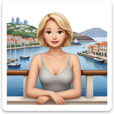 jennifer lawrence, leaning on a balcony with a harbor and cityscape in the background, smiling, closeup portrait  sticker