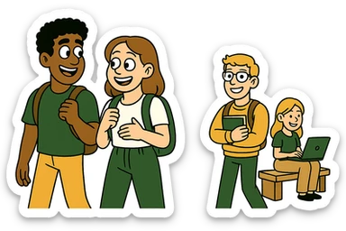 Edit the image of students to make all their faces happy with smiles. Keep the same modern style with green, gold, and white color scheme, rounded shapes, and simple design. Remove any background, making it transparent. sticker