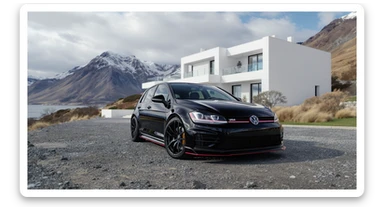 black Golf 4 with bodykit, in background is modern huge two flors white villa, in distance are iceland mountains, rule of thirds, shot on gopro hero, noise camera sticker
