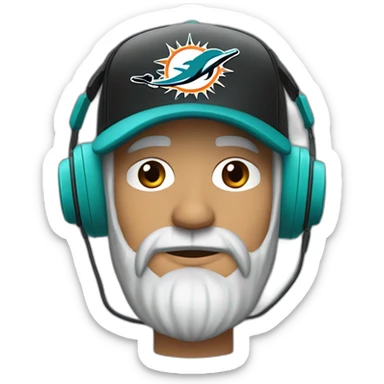 sad grey bearded man wearing a black cap and a headset with a miami dolphins t-shirts sticker