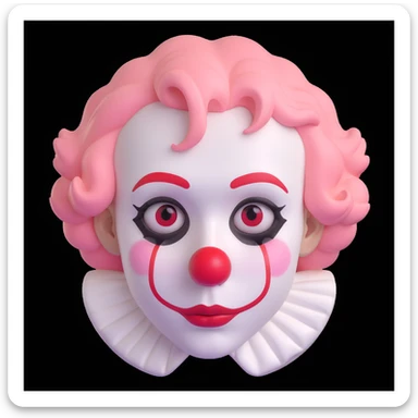 close-up cartoon portrait of a sorrowful clown, white face paint, red nose, minimalist makeup, single tear, short curly pastel pink hair, simple ruffled collar, soft lighting, polished emoji-like finish, white background sticker
