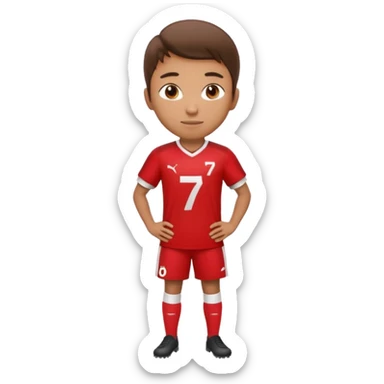 Apple iOS emoji style 20-23 year old soccer player standing hands on waist, red jersey #7, glossy 3D, clean background sticker