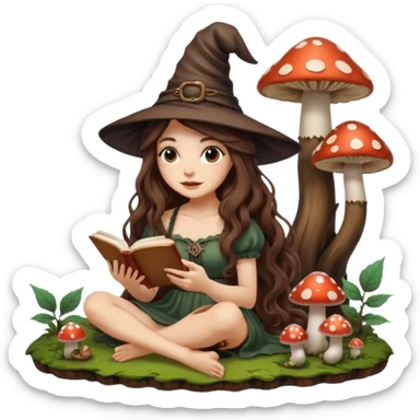 cute forest witch woman long wavy brown hair tattoos reading book on mushroom sticker