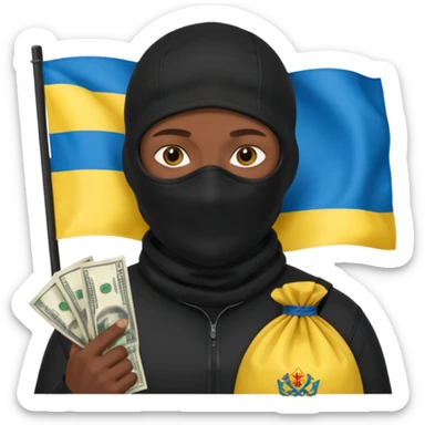 создай украинца в черное одежде и черной балаклаве с большим мешком денег на котором есть флаг страны в руках sticker