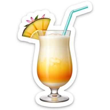 A beautiful cocktail with a creamy white to orange gradient, containing coconut juice and mango, reminiscent of summer. Above, there are tropical flowers, lemon slices, and a straws. sticker