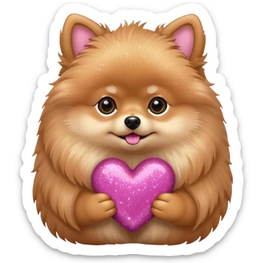 A perfect Tan Pomeranian holding a pink glitter heart  sticker