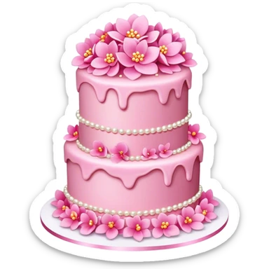 Three layer pink cake adorned with overflowing pink flowers and pearls sticker