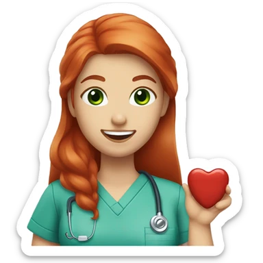 long red hair, green eyes, red lips girl, blue scrubs, holding a tooth sticker