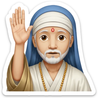 Saint Shirdi Sai Baba, hands raised in blessing, white robe, headscarf, peaceful face sticker