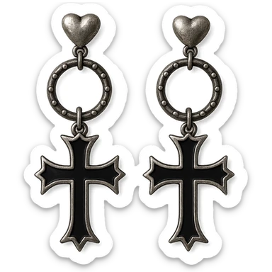 goth earrings, cross design, silver and black, punk gothic aesthetic sticker