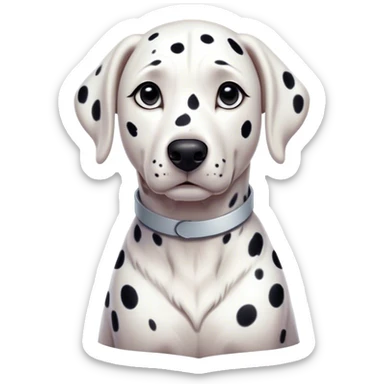 Cinematic Noble Dalmatian Portrait Emoji, Poised and regal, with a lean, athletic build and a glossy white coat adorned with distinctive black spots, deep-set soulful dark eyes, Simplified yet sharp and sophisticated features, highly detailed, glowing with a soft, dignified glow, high shine, intelligent and alert, stylized with an air of elegance, focused and attentive, soft glowing outline, capturing the essence of a watchful and confident companion, so majestic it feels as though it could dash out of the screen with effortless authority! sticker
