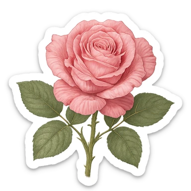 realistic pink rose, detailed petals, green leaves, illustrative style sticker