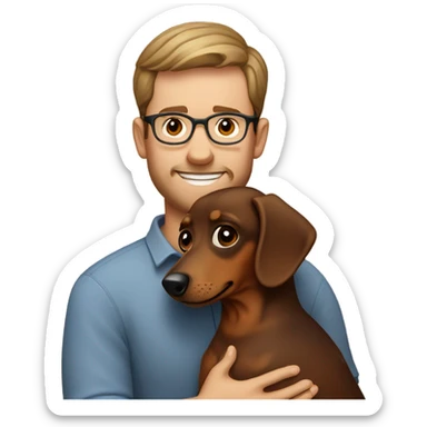 curled short hair Man wearing eyeglass hugging a brown haired daschund sticker