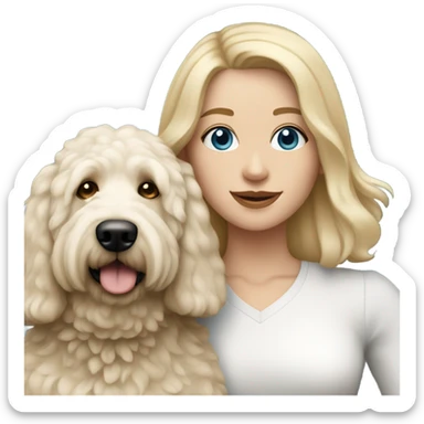 White lady with shoulder length blonde straight hair and blue eyes and her white golden doodle dog sticker