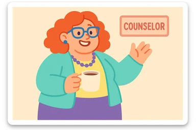 fun high school female counselor, curly red shoulder-length hair, blue glasses, overweight, smiling, approachable, holding a coffee mug sticker