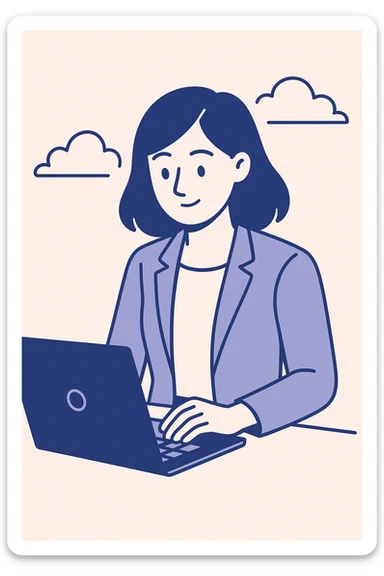 office girl typing on a laptop, minimalist flat style sticker
