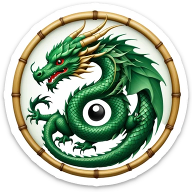 An icon symbolizing Eastern martial arts in the style of an emblem, with a black-and-white Yin-Yang symbol at the center. A dragon is placed on either side, representing strength and wisdom. The design includes bamboo and traditional elements. Transparent background sticker