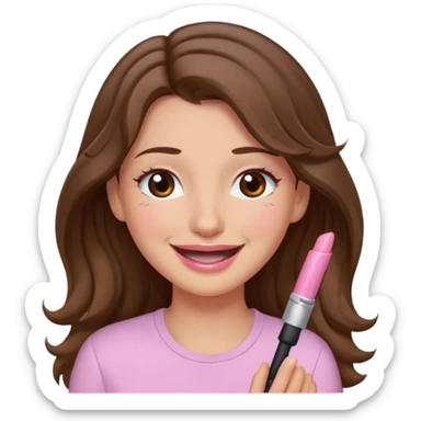 girl with wavy long brown hair, brown eyes, light to medium complexion, long lashes, light pink lipstick, wearing light pink shirt, smiling, crying, laughing, tears sticker