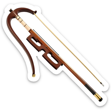  "Create a detailed and elegant emoji representing the Hans Klein HKCB cello bow. The design should feature the bow’s sleek, polished wooden stick with delicate, smooth curves, and fine detailing on the frog and winding. The bow hair should be visible, taut and neatly arranged. Add subtle metallic accents around the frog to emphasize the quality craftsmanship. Use rich brown and gold tones for the bow, with slight highlights on the silver and ebony components. The background should be transparent. sticker