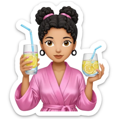 Mixed-race woman with caramel skin, black curly hair tied in a bun, wearing a pastel pink silk robe, holding a glass of infused water with lemon sticker