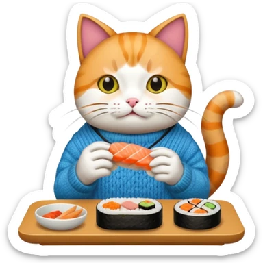 cat wearing a sweater playing video games eating sushi sticker